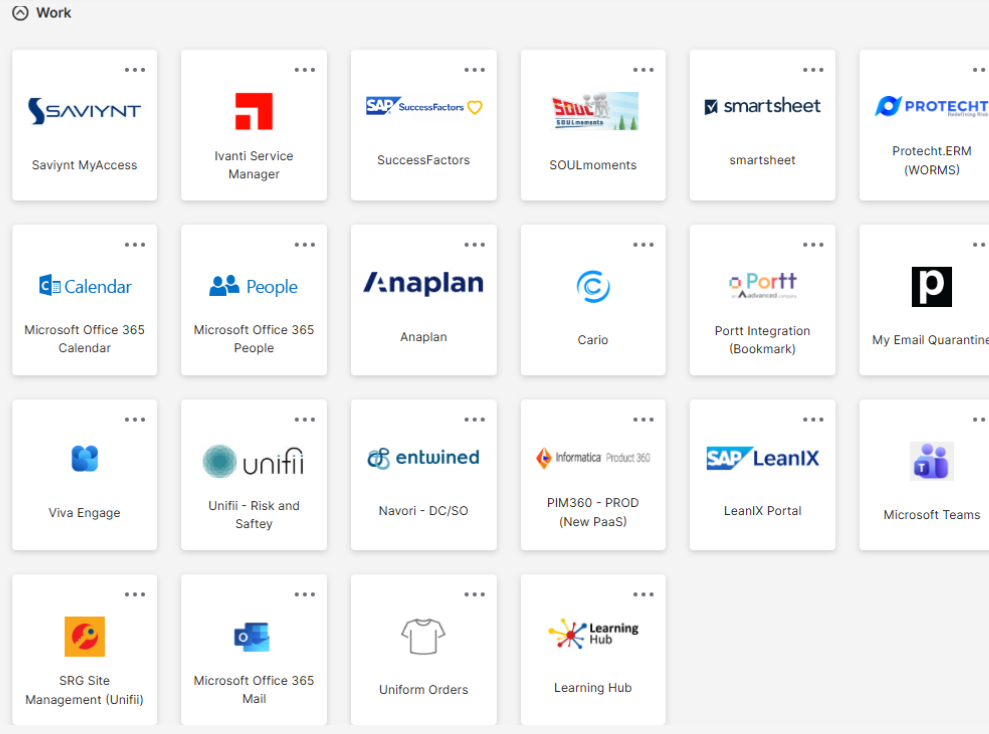 SRG Okta work apps dashboard. The Cario tile beside Anaplan in the second row is highlighted in blue.